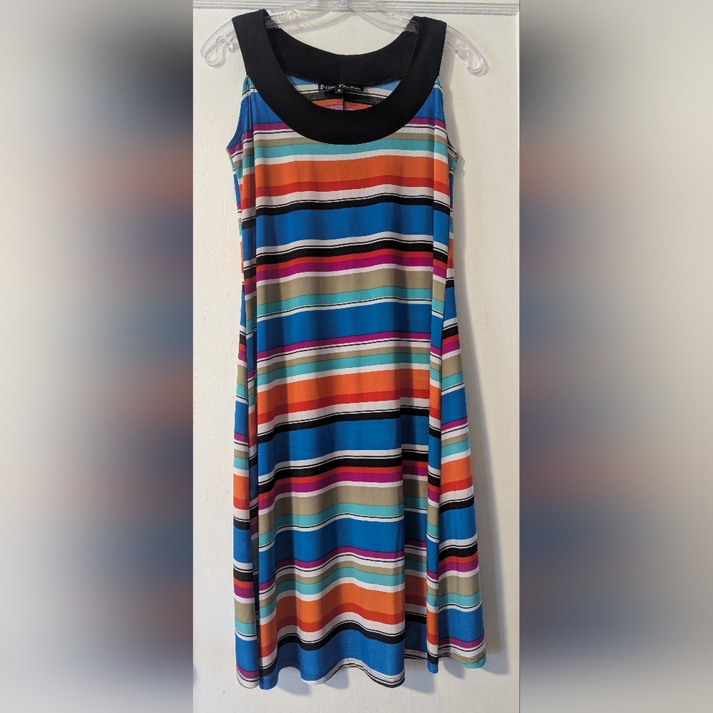 Ellen Parker Women's Stretch Striped Sleeveless, Scoop Neckline Midi Dress Sz S